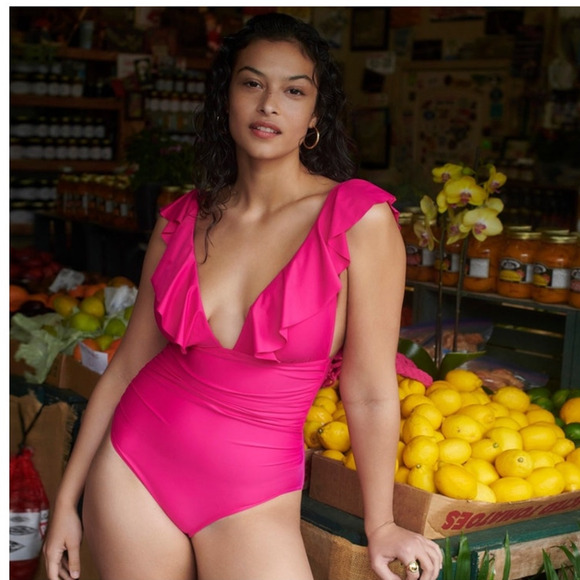 NWT J. Crew Ruched Ruffle One Piece Swimsuit Radiant Fuchsia Size 14 - Picture 1 of 13